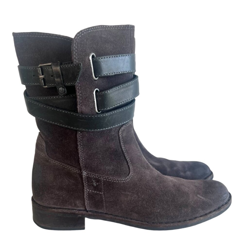 BUSSOLA Sevilla Mid Calf Suede Moto Boots 38 7.5 8 Moto 1" Low Heel Straps Zip